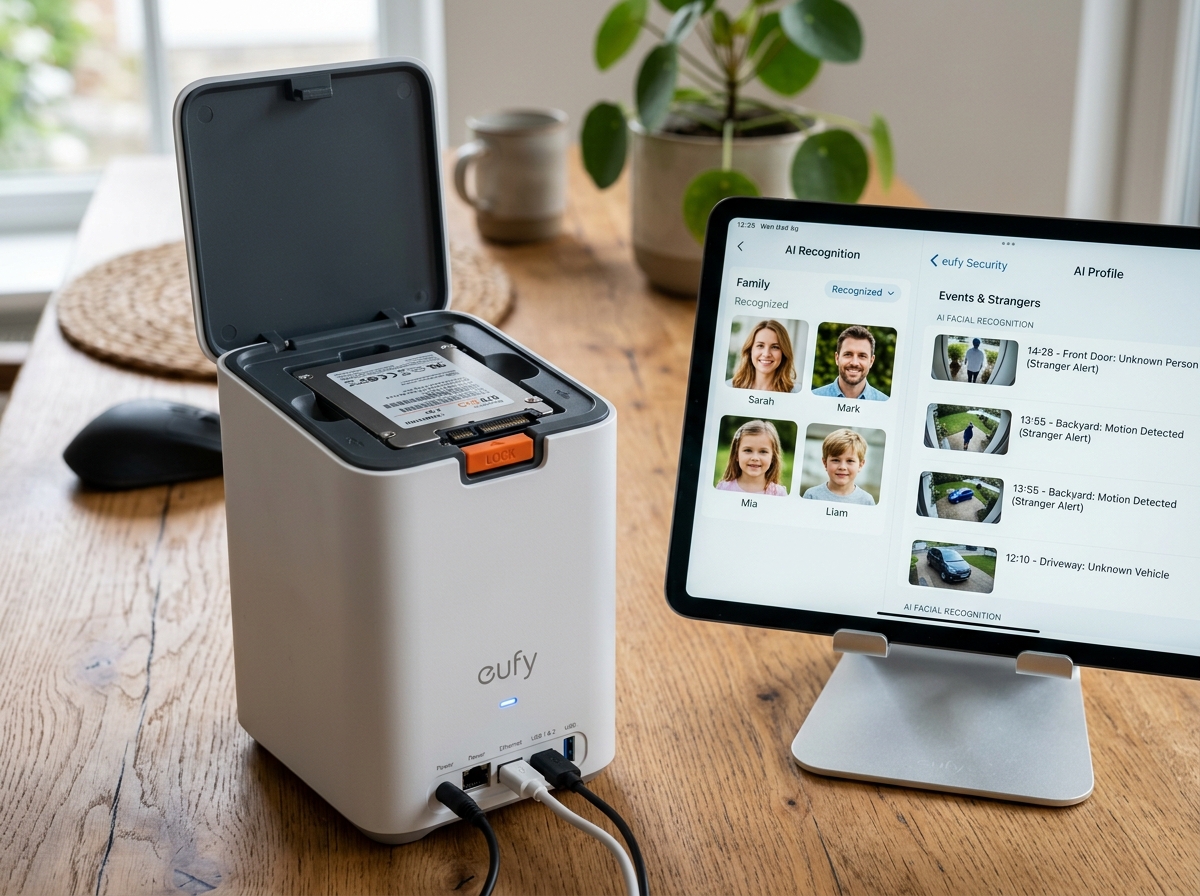 HomeBase 3 storage hub with SATA hard drive bay and BionicMind AI face sorting