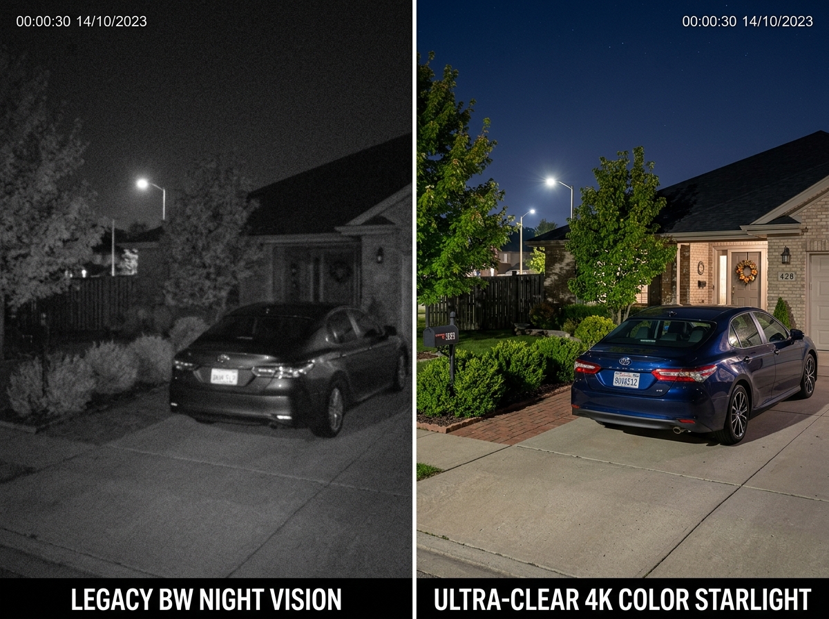 4K Starlight full-color night vision resolving license plate and yard details